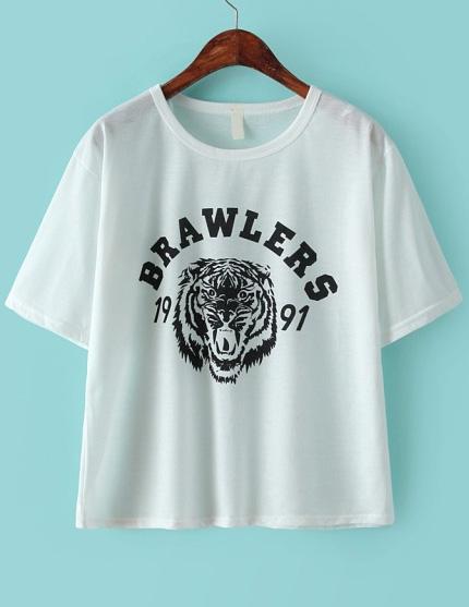 Romwe Tiger Letter Print White T-shirt