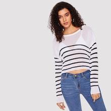 Romwe Buttoned Shoulder Striped Crop Sweater