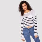 Romwe Buttoned Shoulder Striped Crop Sweater