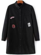 Romwe Black Single Breasted Patch Denim Shirt Dress