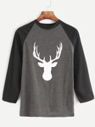 Romwe Contrast Raglan Sleeve Reindeer Print T-shirt