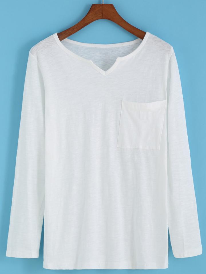 Romwe V Neck With Pocket White T-shirt