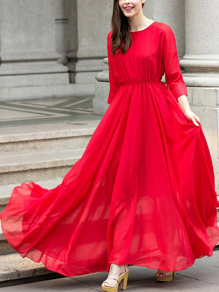 Romwe Round Neck Chiffon Maxi Dress