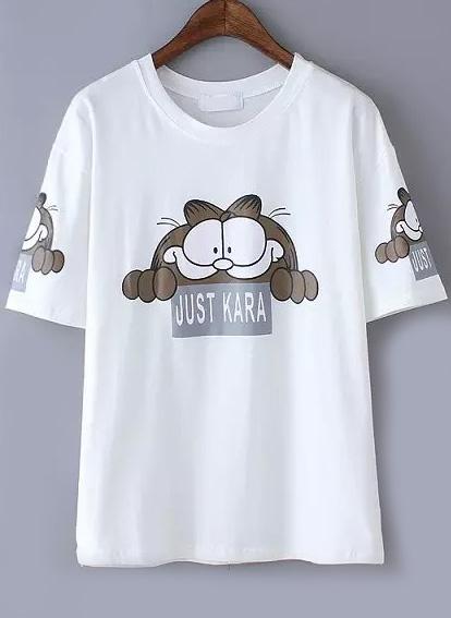Romwe Garfield Print White T-shirt