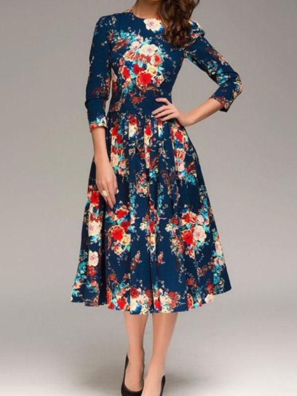 Romwe Flower Print Blue Fit & Flare Long Sleeve Dress