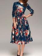 Romwe Flower Print Blue Fit & Flare Long Sleeve Dress