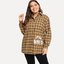 Romwe Plus Letter Print Plaid Blouse