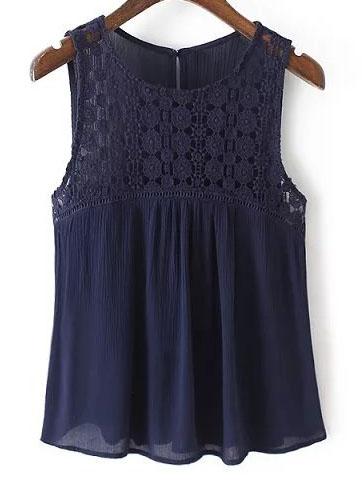 Romwe Navy Lace Splicing Back Keyhole Tank Top