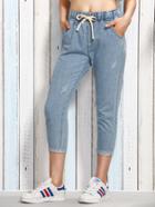 Romwe Blue Drawstring Waist 3/4 Length Jeans