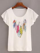 Romwe Feather Print Ruffled Sleeve T-shirt - White