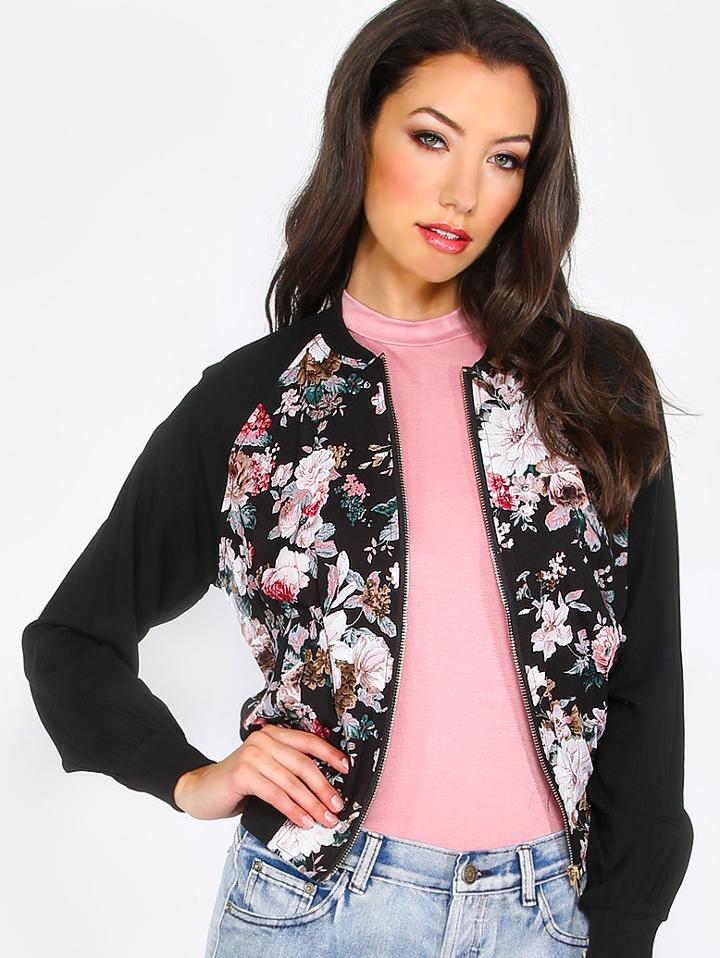 Romwe Multicolor Floral Zipper Long Sleeve Jacket