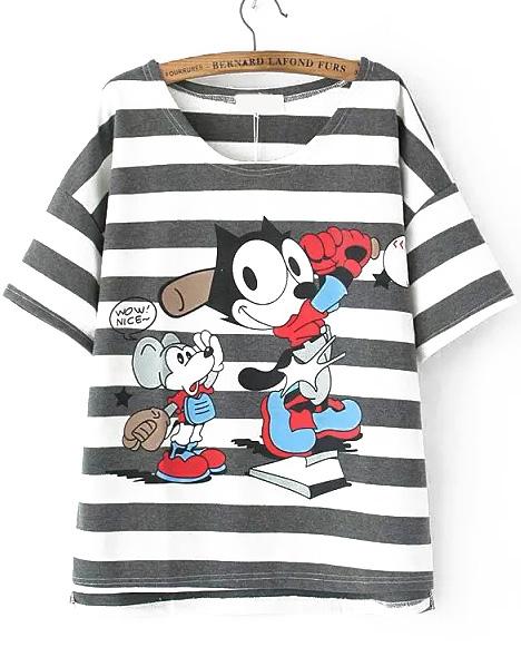 Romwe Mouse Baseball Print Striped Grey T-shirt