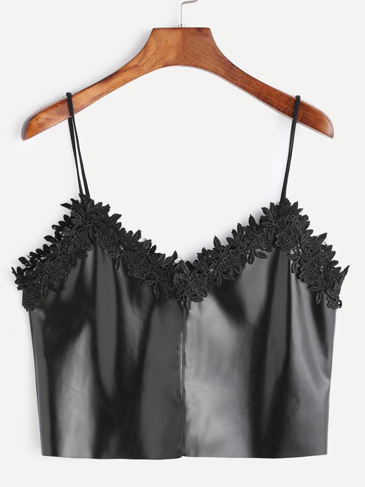 Romwe Black Pu Leather Contrast Crochet Trim Crop Cami Top