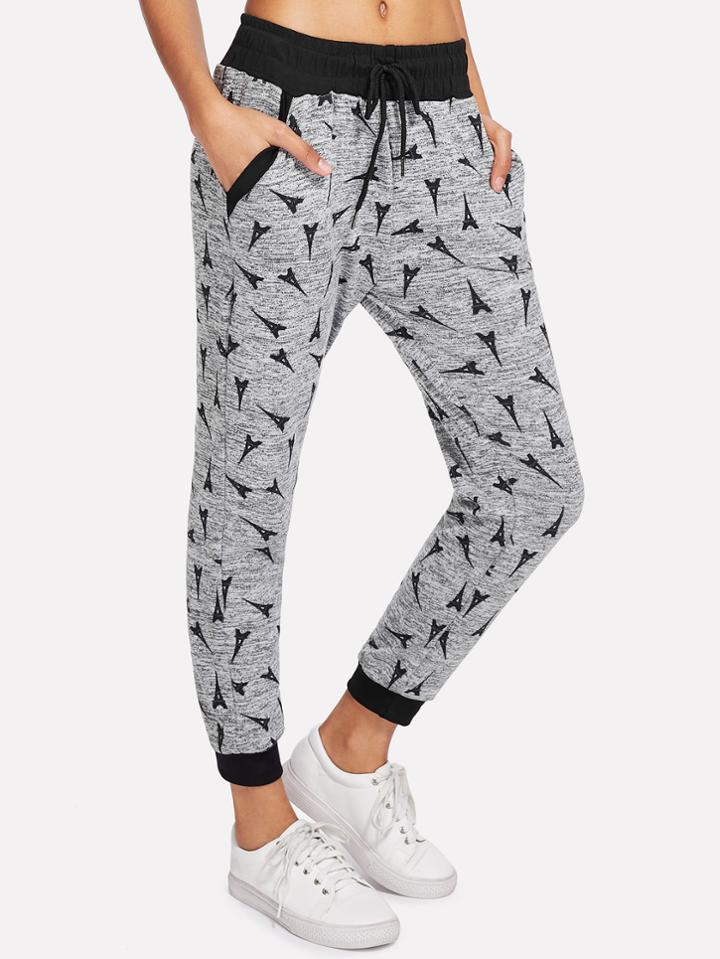 Romwe Contrast Trim Graphic Print Pants