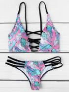 Romwe Bird Print Criss Cross Front Bikini Set