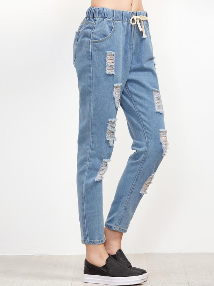 Romwe Light Blue Tie Waist Ripped Jeans