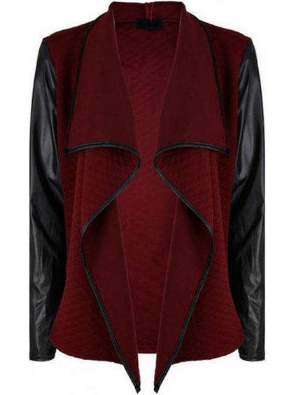 Romwe Burgundy Waterfall Pu Leather Sleeve Coat