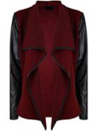 Romwe Burgundy Waterfall Pu Leather Sleeve Coat