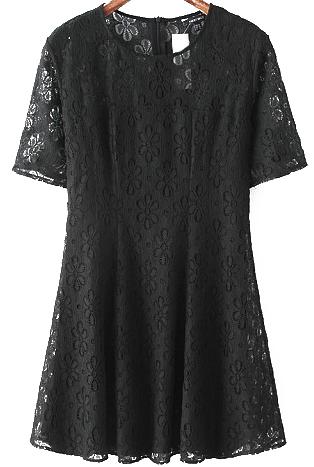 Romwe Short Sleeve Jacquard Lace Pleated Dress