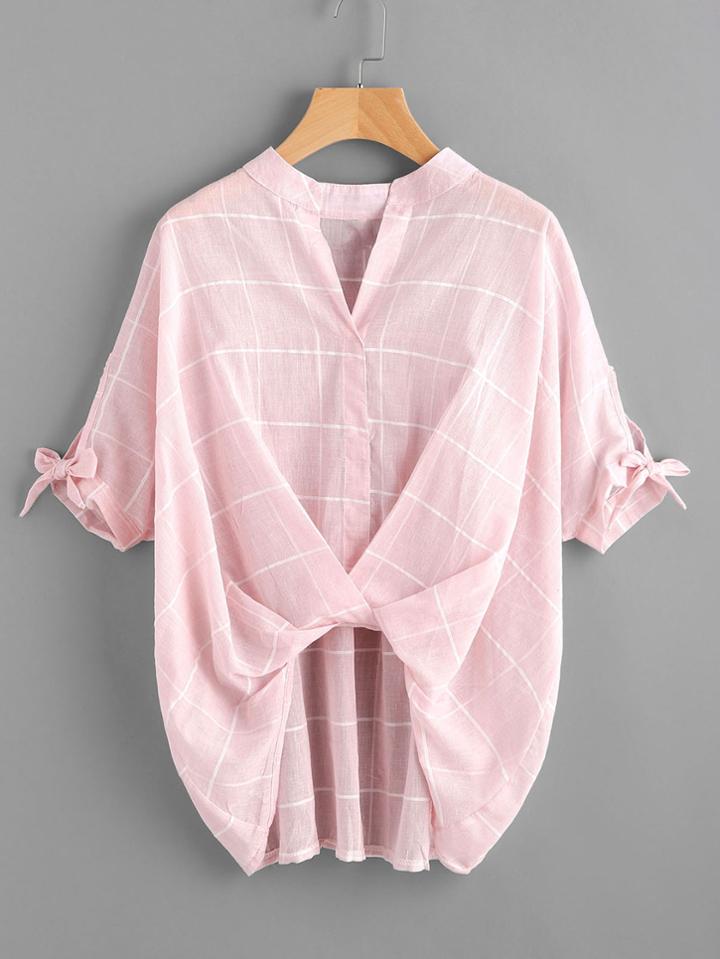 Romwe V-cut Tie Sleeve Twist Front Grid Blouse