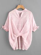 Romwe V-cut Tie Sleeve Twist Front Grid Blouse
