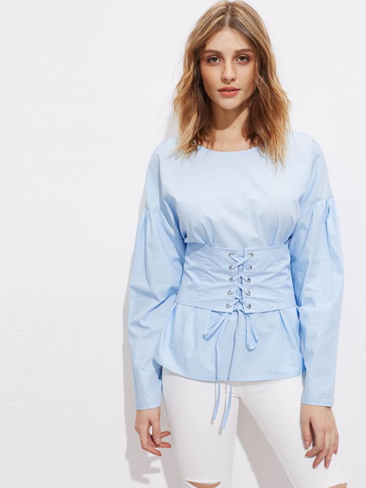 Romwe Drop Shoulder V Back Lace Up Corset Belt Top