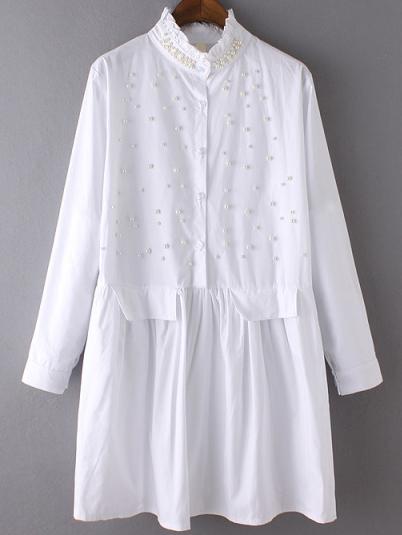 Romwe Ruffle Collar Beaded White Shirt Dress
