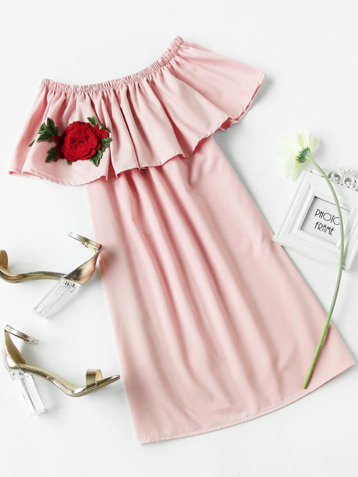 Romwe Flounce Layered Neckline Rose Embroidered Applique Dress