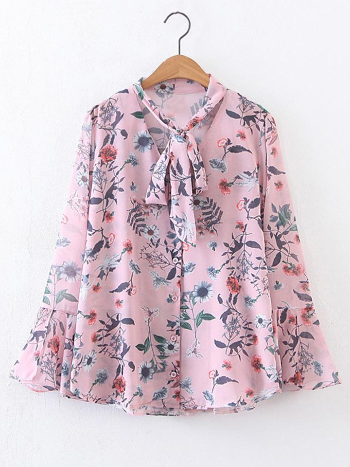 Romwe Tie Neck Bell Sleeve Frill Trim Blouse