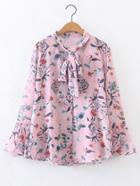 Romwe Tie Neck Bell Sleeve Frill Trim Blouse