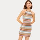 Romwe Striped Knot Back Halter Top With Skirt