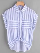 Romwe Striped Dip Hem Knot Cuffed Blouse With Dual Chest Pocket