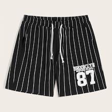 Romwe Guys Drawstring Waist Striped & Letter Print Shorts