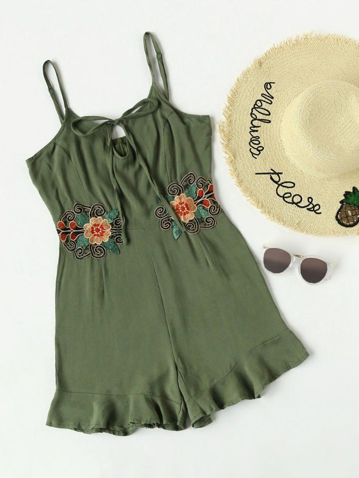 Romwe Floral Applique Self Tie Neck Frill Cami Romper