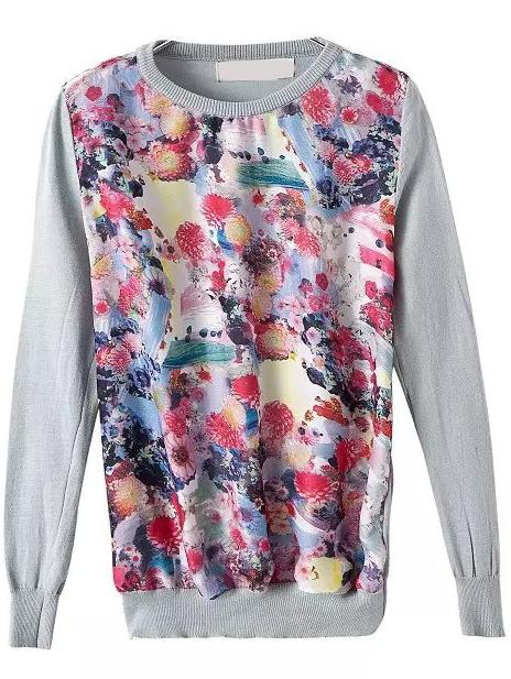 Romwe Contrast Chiffon Florals Knit Grey Sweater