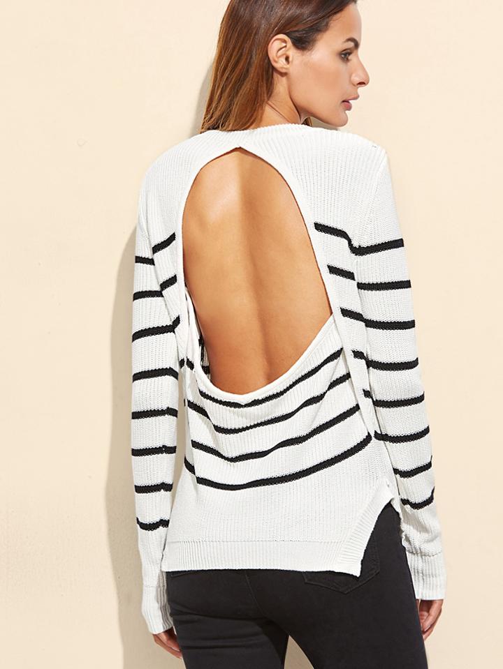 Romwe White Striped Buttoned Shoulder Cutout Sweater