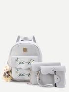 Romwe Flower Embroidery And Bear Decorated Pu Backpack Set 4pcs