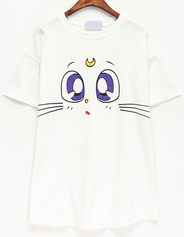 Romwe Cat Print Loose White T-shirt