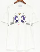 Romwe Cat Print Loose White T-shirt