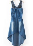 Romwe Contrast Lace High Low With Pocket Denim Dress