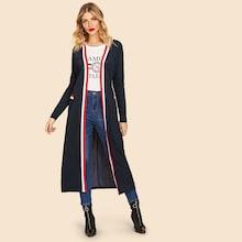 Romwe 80s Open Front Striped Trim Dusty Coat