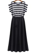 Romwe Short Sleeve Striped Pleated Black Dress