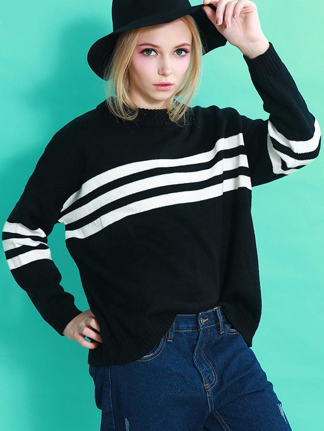 Romwe Striped Loose Boyfriend Black Sweater