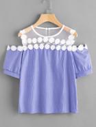 Romwe Vertical Striped Contrast Mesh Crochet Trim Top
