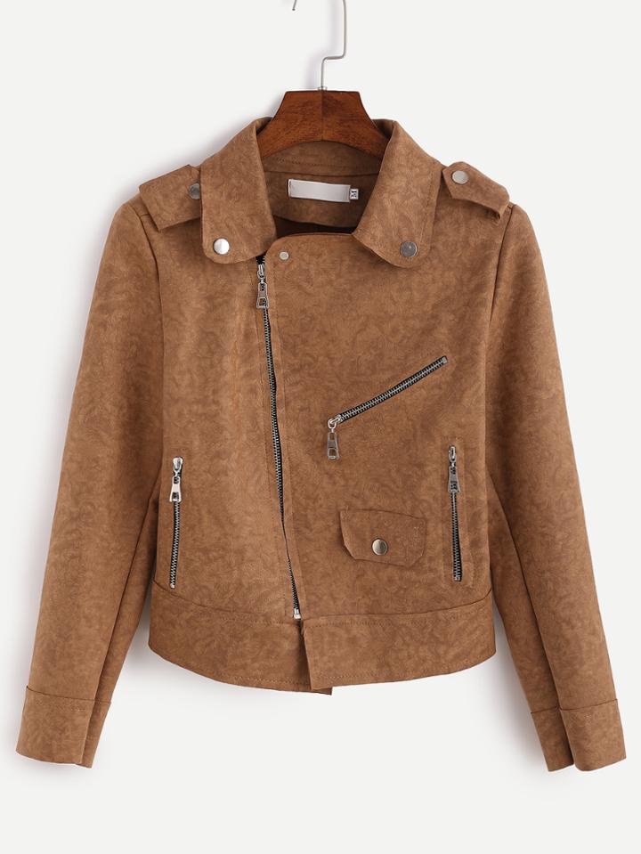 Romwe Khaki Textured Epaulet Zipper Detail Biker Jacket