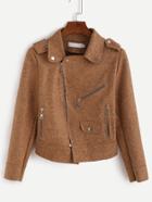 Romwe Khaki Textured Epaulet Zipper Detail Biker Jacket