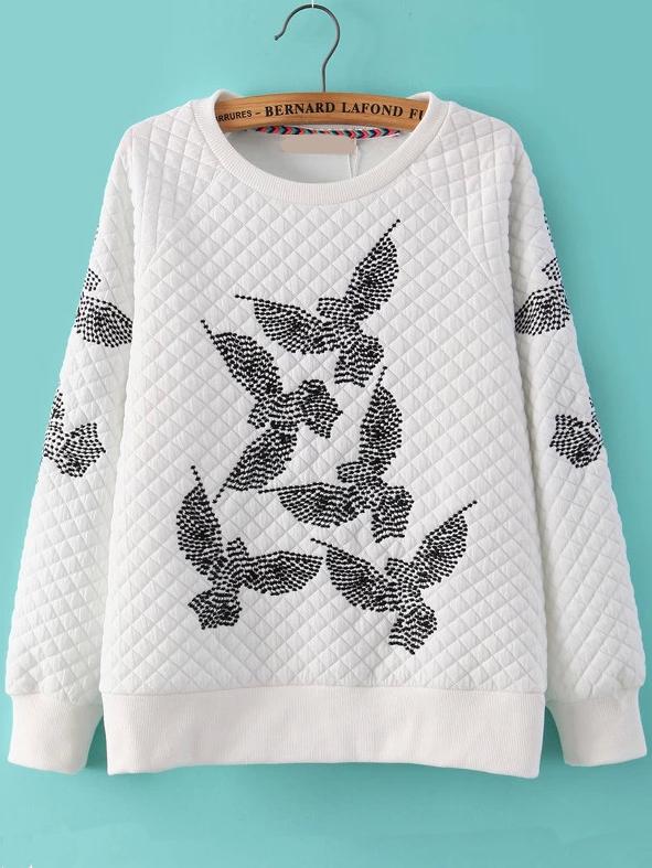 Romwe Diamond Dove Embroidered White Sweatshirt
