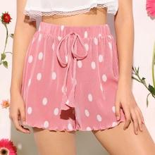 Romwe Knot Front Polka Dot Lettuce Trim Plisse Shorts