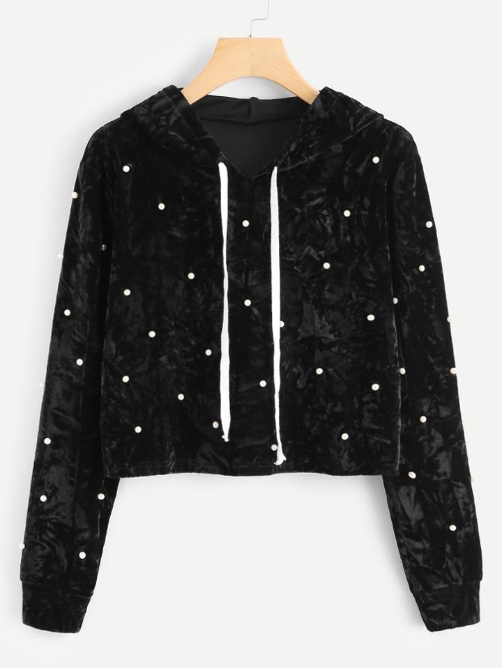 Romwe Velvet Pearl Beaded Drawstring Hoodie