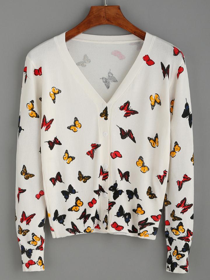 Romwe White Butterfly Print V Neck Cardigan